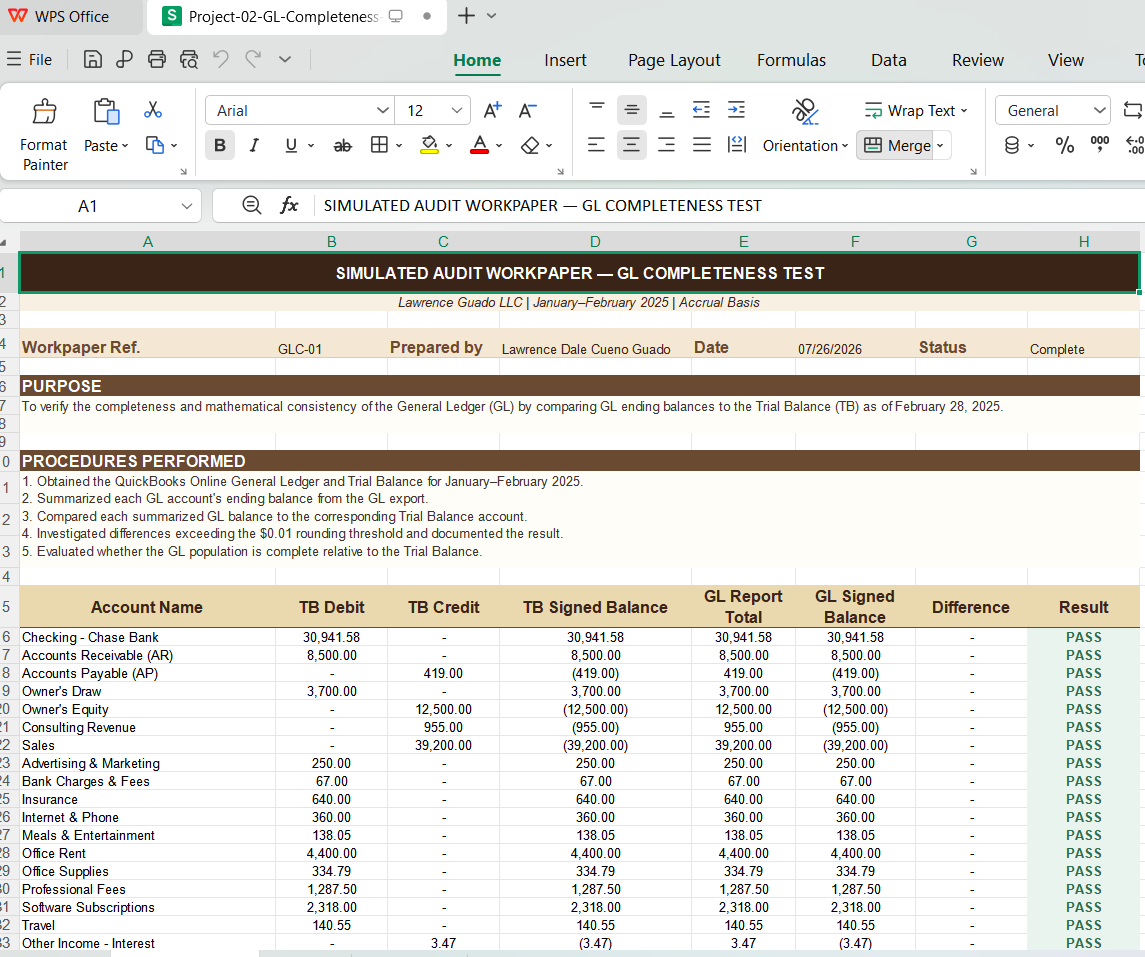 Preview of the General Ledger Completeness Test Excel workpaper